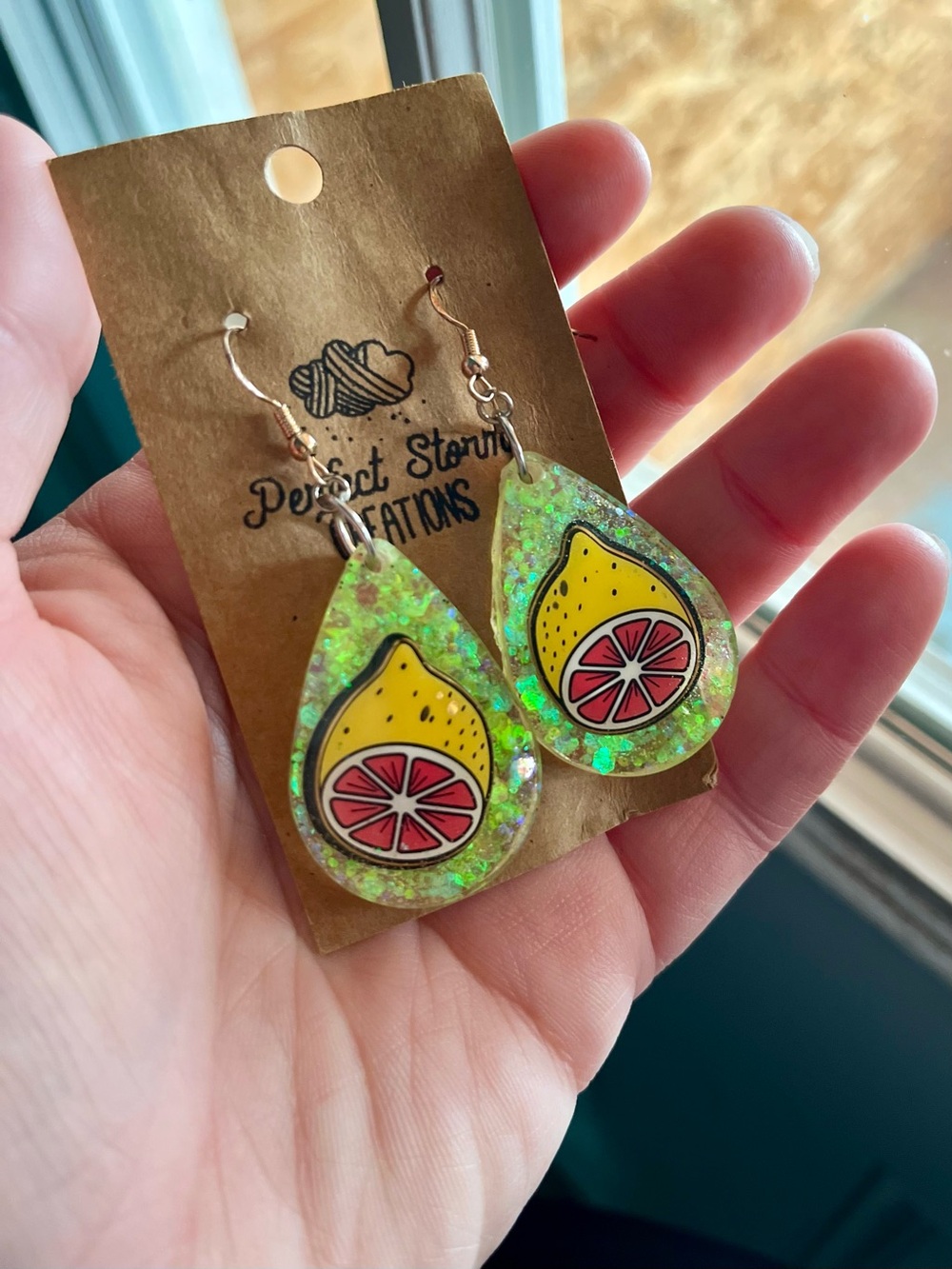 Grapefruit Slice Teardrop Dangle Earrings - Yellow Glitter